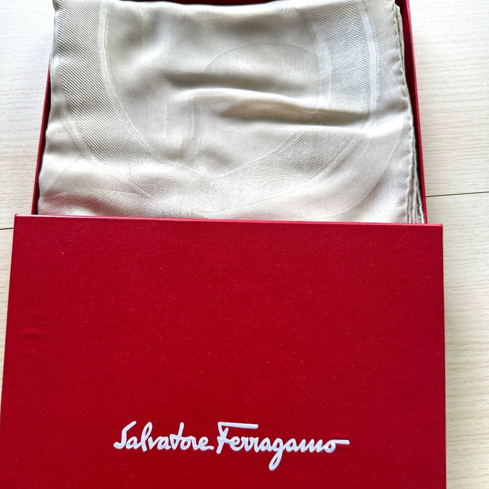 Salvatore FERRAGAMO Taupe Sheer Silk Scarf with Logo 64" x 18" w/ Gift Red Box